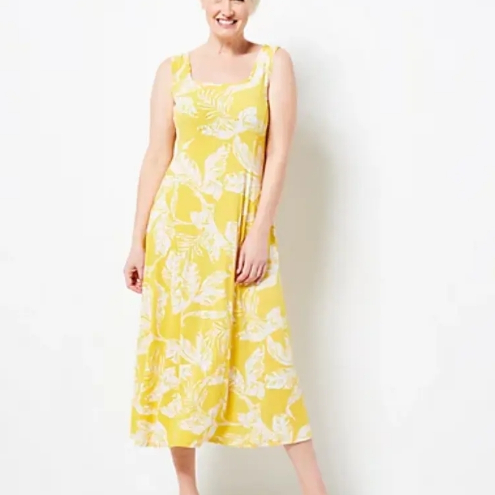 Susan Graver Petite Liquid Knit Sleeveless Midi Dress Gold Palm Size Large